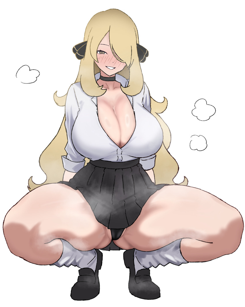 1girl absurdres alternate_breast_size_(larger) alternate_costume arms_at_sides black_choker black_panties black_ribbon black_shoes black_skirt blonde_hair blush breasts choker cleavage collarbone collared_shirt commentary cynthia_(pokemon) full_body gluteal_fold grin groin hair_over_one_eye hair_ribbon high-waist_skirt highres huge_breasts kneehighs loafers long_hair looking_at_viewer loose_socks miniskirt nintendo nose_blush one_eye_covered panties parted_lips partially_unbuttoned peace_peace009 pleated_skirt pokemon pokemon_dppt ribbon school_uniform shirt shoes simple_background skirt sleeves_rolled_up smile socks solo spread_legs squatting steaming_body thick_thighs thighhighs thighs three-quarter_sleeves tiptoes underwear very_long_hair white_background white_shirt white_socks yellow_eyes