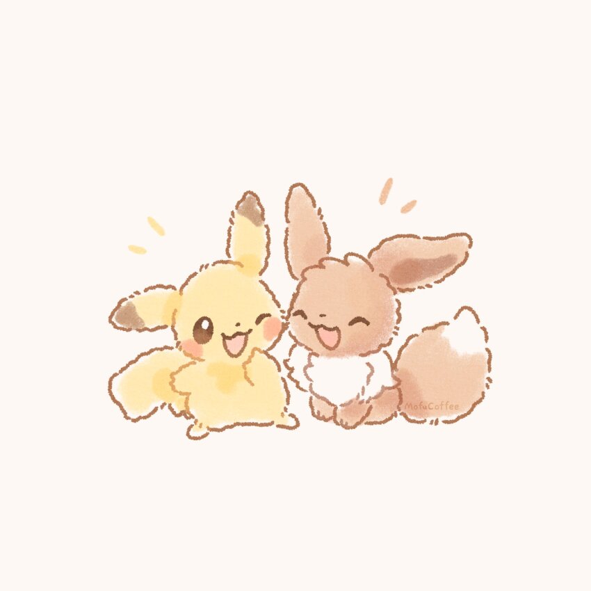 animal_focus artist_name brown_eyes closed_eyes commentary eevee gen_1_pokemon happy highres mofucoffee nintendo no_humans open_mouth pikachu pokemon pokemon_(creature) pokemon_focus simple_background sitting smile symbol-only_commentary
