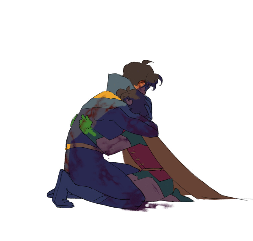 2boys batman_(series) black_hair blue_bodysuit bodysuit cape dc_comics dick_grayson gloves highres jason_todd male_focus mammutblog multicolored_bodysuit multiple_boys muscular muscular_male nightwing robin_(dc) short_hair simple_background superhero_costume