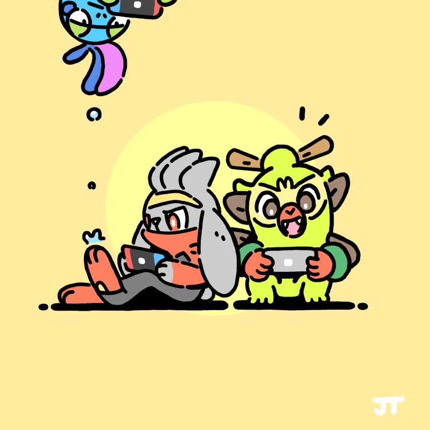 black_eyes bright_pupils brown_eyes commentary dripping drizzile english_commentary gen_8_pokemon half-closed_eyes handheld_game_console highres holding holding_handheld_game_console james_turner nintendo nintendo_switch no_humans notice_lines orange_eyes playing_games pokemon pokemon_(creature) raboot signature sitting thwackey water_drop white_pupils