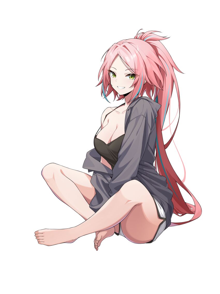 1girl absurdres bad_source barefoot black_camisole blue_hair breasts camisole cleavage dolphin_shorts feet green_eyes grey_shirt high_ponytail highres honkai:_star_rail honkai_(series) indian_style large_breasts looking_at_viewer multicolored_hair pink_hair ponytail purple_hair rappa_(honkai:_star_rail) shirt shorts simple_background sinigo01 sitting smile soles solo streaked_hair toes two-tone_hair white_background white_shorts