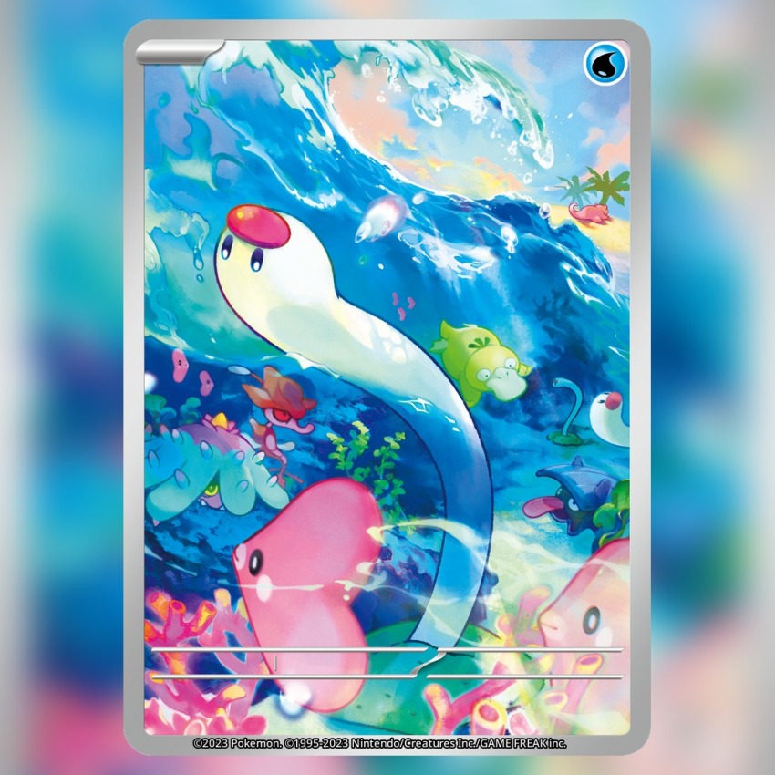 animal_focus blue_sky card_(medium) cloud commentary company_name copyright_name copyright_notice coral english_commentary gen_1_pokemon gen_3_pokemon gen_6_pokemon gen_7_pokemon iribi_you luvdisc mareanie nintendo no_humans official_art pokemon pokemon_(creature) pokemon_card pokemon_focus pokemon_tcg psyduck sand shellder skrelp sky swimming textless_version third-party_source tongue tongue_out trading_card tree underwater water waves wiglett