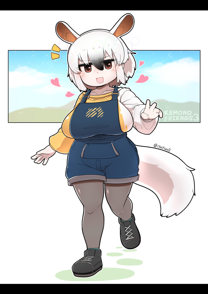 +++ 1girl :d absurdres animal_ears artist_name black_shoes black_streaks blue_overalls breasts cloud collarbone commentary copyright_name day denim denim_overalls hair_between_eyes heart highres itatiuo2 kemono_friends kemono_friends_3 large_breasts long_sleeves medium_hair mountainous_horizon open_mouth overalls pantyhose sagging_breasts sanpaku shoes shortstack sidelocks sky smile solo southern_tamandua_(kemono_friends) sparkle standing standing_on_one_leg tail white_hair