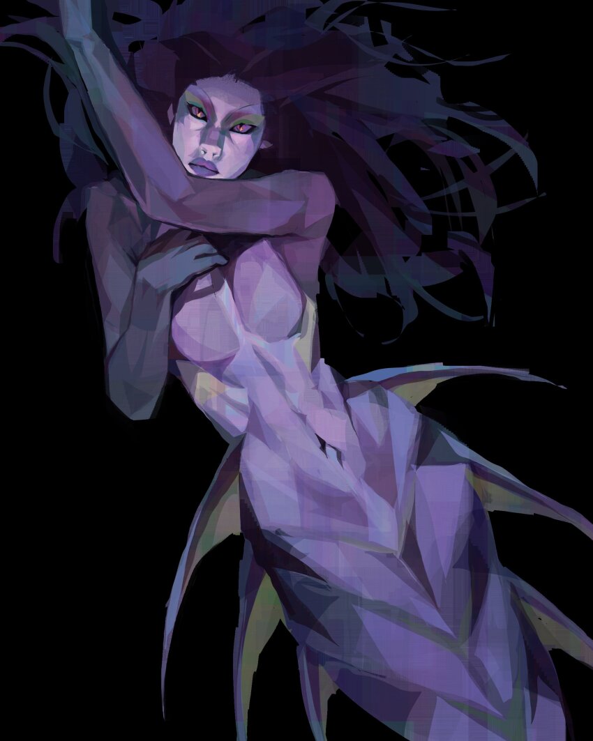 1girl absurdres arm_up black_background colored_skin commentary eyeshadow green_eyeshadow hand_on_own_chest highres long_hair looking_up makeup mermaid messy_hair monster_girl nude original painterly purple_eyes purple_hair purple_skin ribs simple_background solo symbol-only_commentary twulfs