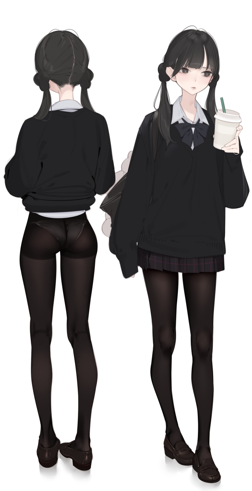 1girl ama_mitsuki ass black_bow black_bowtie black_hair black_pantyhose black_shoes black_skirt bow bowtie collared_shirt commentary_request cup disposable_cup drink drinking_straw from_behind full_body highres holding holding_cup holding_drink low_twintails multiple_views no_pants original panties_visible_through_clothes pantyhose plaid_clothes plaid_skirt school_uniform shirt shoes skirt sleeves_past_fingers sleeves_past_wrists standing twintails white_shirt