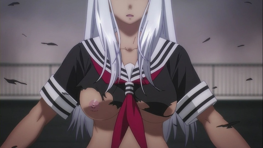 1girl 20s breast_focus breasts cloud cloudy_sky dark_skin highres ikkitousen large_breasts long_hair midriff nipples no_bra one_breast_out open_mouth railing ryona school_uniform shin_ikkitousen shiny_skin shirt skirt sky solo standing stitched third-party_edit torn_clothes torn_shirt wide_hips yamada_asaemon_(ikkitousen)