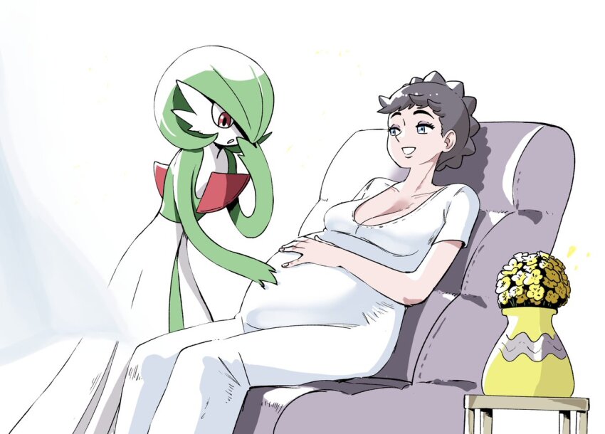 1girl alternate_costume blue_eyes braid chair collarbone curtains diantha_(pokemon) dress flower gardevoir gen_3_pokemon grey_hair hand_on_another&#039;s_stomach indoors looking_at_another nintendo petals pokemon pokemon_xy pregnant red_eyes sitting sitting_on_person smile solo vase wanderjegson white_background