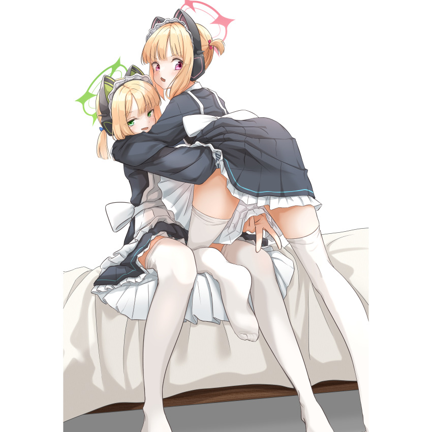 2girls blonde_hair blue_archive cake506 midori_(blue_archive) midori_(maid)_(blue_archive) momoi_(blue_archive) momoi_(maid)_(blue_archive) multiple_girls on_bed sitting