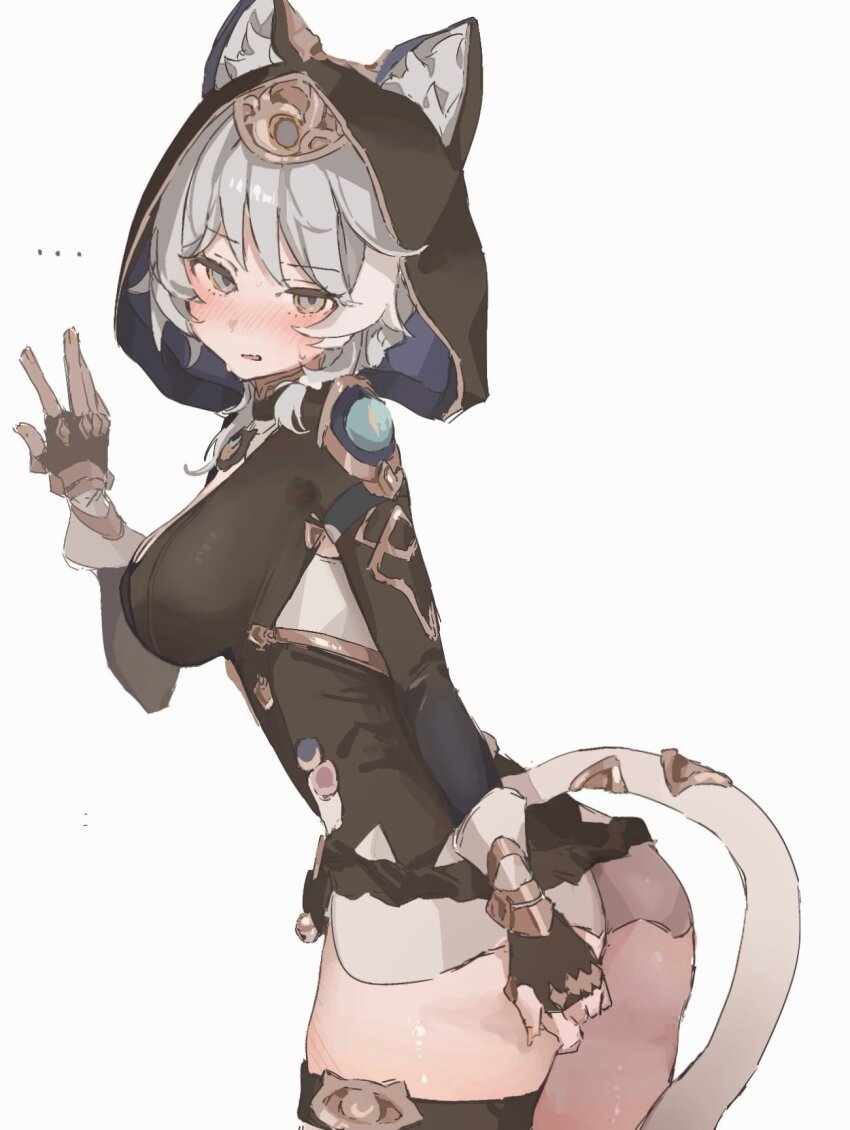 ... 1girl animal_ear_fluff animal_ears animal_hood ass blush bow breasts cat_ears cat_girl cat_tail cipher_(honkai:_star_rail) coa_(35_seno) cowboy_shot embarrassed fingerless_gloves gloves grey_eyes grey_hair hair_bow highres honkai:_star_rail honkai_(series) hood leotard looking_at_viewer medium_breasts tail thigh_strap thighs white_background white_streaks