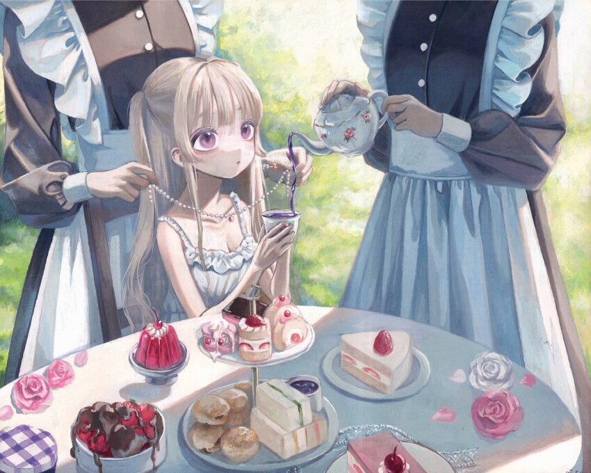 2girls apron black_dress blonde_hair breasts cake cake_slice chocolate-covered_food chocolate_strawberry cleavage commentary_request cup dessert dress fondue food gelatin grass highres jewelry long_hair long_sleeves maid maid_apron monou_pico multiple_girls necklace original pearl_necklace plate pouring swiss_roll table teacup teapot two_side_up white_dress