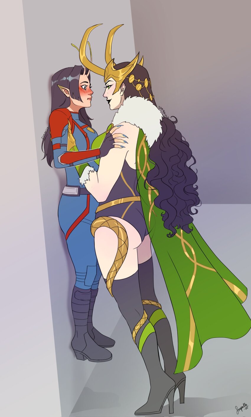 against_wall antennae ass black_hair blush boots cape fake_horns fur-trimmed_cape fur_trim gauntlets genderswap genderswap_(mtf) gloves gold_gauntlets gold_headwear gold_tiara gold_trim green_eyes guardians_of_the_galaxy headgear highres horned_headwear horns lady_loki lauren_phillips_lifting_alice_merchesi_(meme) lifting_person loki_(marvel) long_hair looking_at_another mantis_(marvel) marvel marvel_rivals meme nail_polish simple_background size_difference soapallo thigh_boots tiara yuri