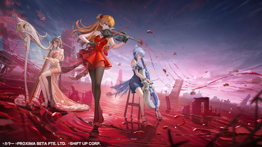 3girls alternate_costume ayanami_rei black_gloves black_hairband black_pantyhose blue_dress blue_eyes blue_hair brown_hair cello closed_eyes day dress eyepatch floating_hair flower full_body glasses gloves goddess_of_victory:_nikke hair_flower hair_ornament hairband harp high_heels highres instrument long_hair makinami_mari_illustrious multiple_girls music neon_genesis_evangelion official_alternate_costume official_art one_side_up outdoors pantyhose playing_instrument pumps red-framed_eyewear red_dress red_flower semi-rimless_eyewear short_dress short_hair sitting sleeveless sleeveless_dress souryuu_asuka_langley standing strapless strapless_dress under-rim_eyewear very_long_hair violin