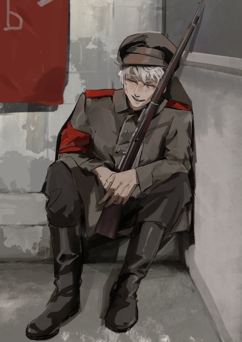 1boy a_abeaver axis_powers_hetalia black_boots black_jacket black_pants boots brown_hat buttons closed_eyes collared_jacket commentary english_commentary flag full_body gun hair_between_eyes hat highres holding holding_gun holding_weapon indoors jacket long_sleeves male_focus military military_hat military_jacket military_uniform open_mouth pants peaked_cap rifle russia_(hetalia) shadow short_hair sitting smile sniper_rifle solo teeth weapon white_hair window