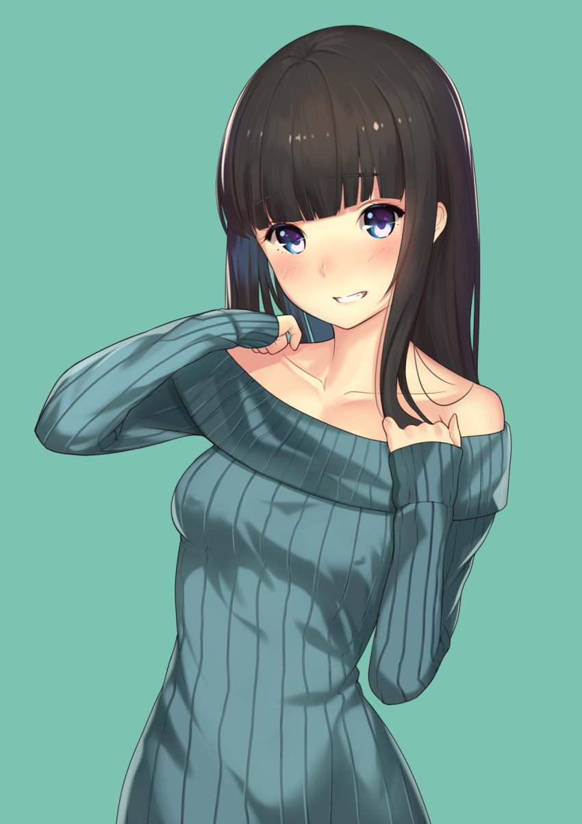 1girl :d aqua_background aqua_theme black_hair blue_eyes blunt_bangs blush breasts collarbone covered_erect_nipples eyebrows female_focus grin head_tilt highres kagematsuri long_hair long_sleeves looking_at_viewer off-shoulder off-shoulder_sweater off_shoulder open_mouth original ribbed_sweater simple_background small_breasts smile solo sweater teeth bad_tag upper_body