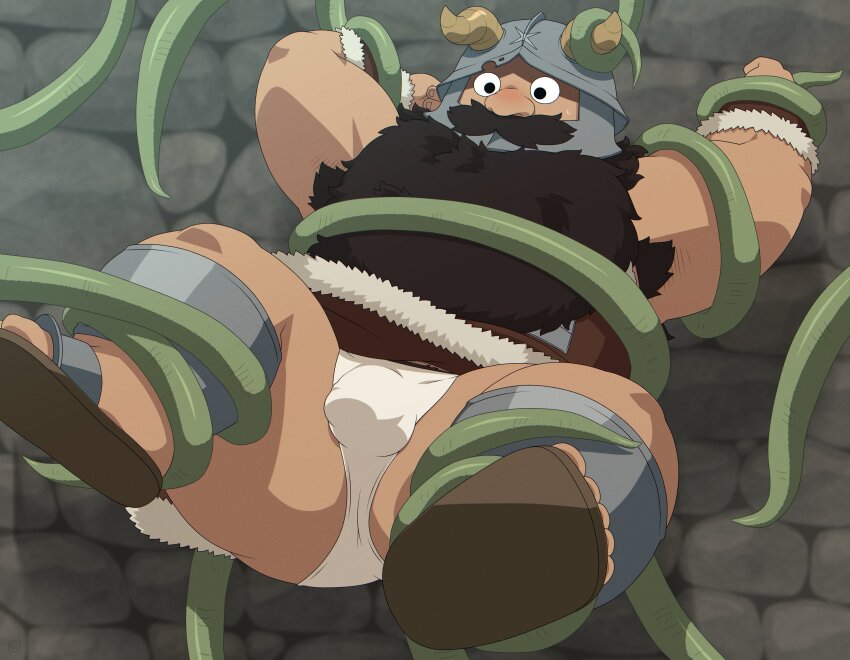 1boy absurdres armpit_hair armpits ass bara beard bound covered_penis dungeon_meshi dwarf facial_hair fake_horns fat fat_man helmet highres horned_helmet horns loincloth long_beard male_focus mustache penta008 senshi_(dungeon_meshi) solo spread_legs sweatdrop tentacles tentacles_on_male thick_mustache thick_thighs thighs very_long_beard