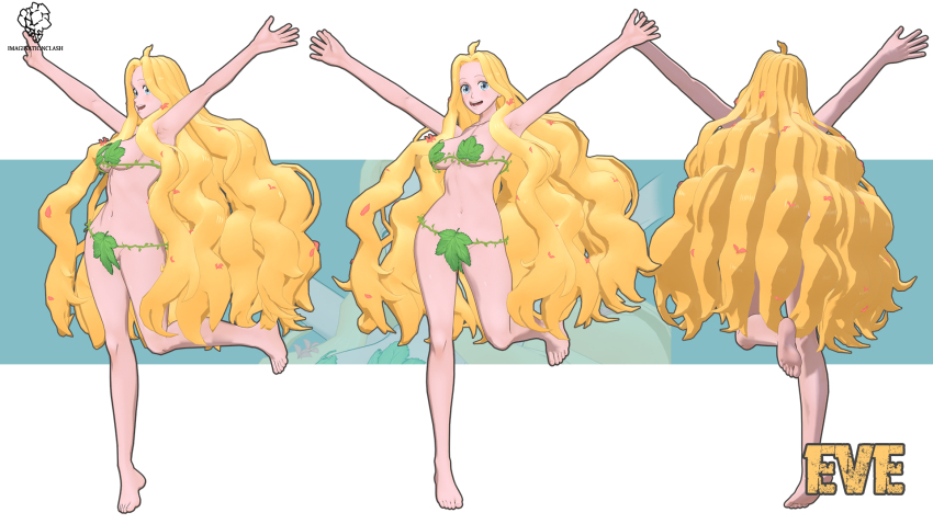 3d arms_up bikini blonde_hair blue_eyes blush breasts character_name collarbone commentary crovoclash english_commentary eve_(shuumatsu_no_valkyrie) happy highres large_breasts leaf_bikini leg_up light_blush long_hair multiple_views open_mouth outstretched_arms petals shuumatsu_no_valkyrie sidelocks simple_background smile spread_arms swimsuit very_long_hair white_background