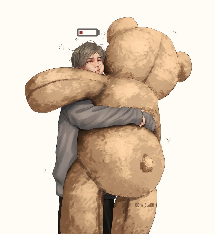 1boy arms_around_waist battery_indicator black_pants blonde_hair che_sue00 closed_eyes commentary cowboy_shot english_commentary grey_sweater highres hug hugging_doll hugging_object leon_s._kennedy male_focus own_hands_together pants resident_evil short_hair sleepy solo squeans stuffed_animal stuffed_toy sweater swept_bangs teddy_bear white_background