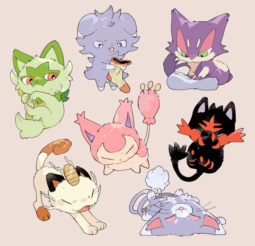 absurdres cat closed_eyes closed_mouth espurr fangs gen_1_pokemon gen_3_pokemon gen_4_pokemon gen_5_pokemon gen_6_pokemon gen_7_pokemon glameow green_eyes grey_background highres holding kneading_(behavior) litten lying meowth newo_(shinra-p) nintendo no_humans on_back open_mouth pokemon pokemon_(creature) purrloin red_eyes simple_background skitty socks sprigatito tail