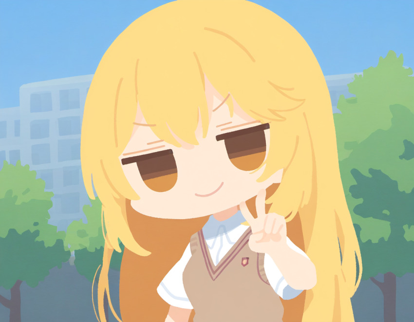 1girl ai-generated blonde_hair brown_eyes building chibi long_hair school_uniform shokuhou_misaki smile solo toaru_kagaku_no_mental_out toaru_kagaku_no_railgun toaru_majutsu_no_index tree v