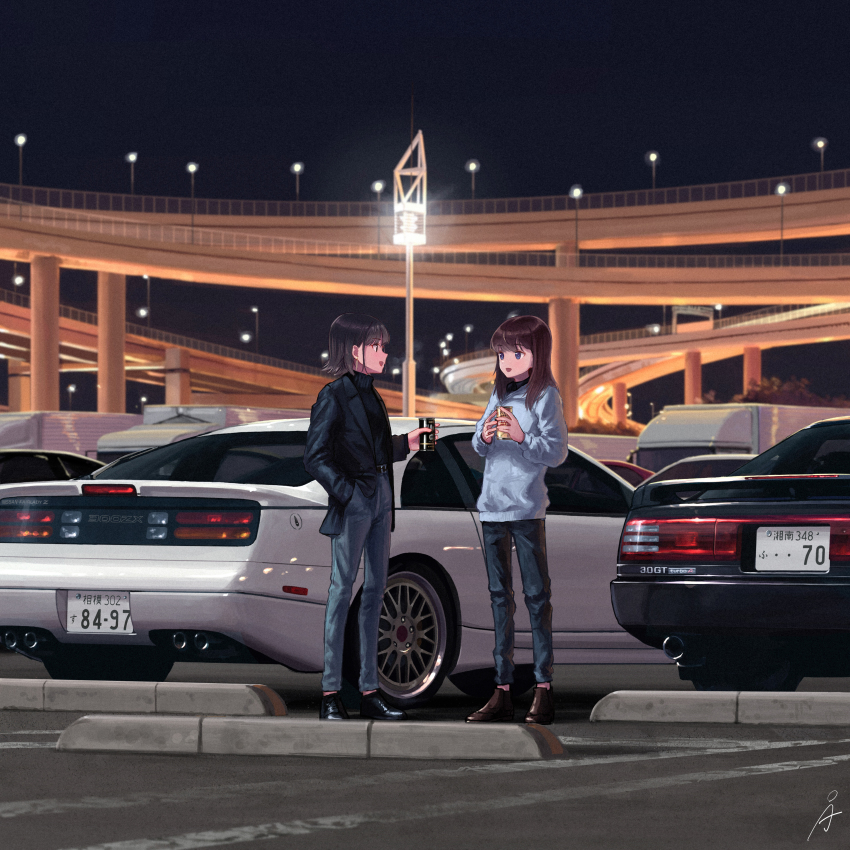 2girls absurdres belt black_eyes black_footwear black_hair black_jacket black_shirt black_sweater blazer blouse blue_eyes blue_pants blue_sweater box_truck brown_eyes brown_footwear can car denim drink drink_can full_body hand_in_pocket highres highway holding holding_drink jacket jeans lamppost license_plate long_hair long_sleeves looking_at_another motor_vehicle multiple_girls night nissan nissan_300zx nissan_300zx_(z32) nissan_fairlady_z original outdoors pants parking_lot rudeko32 scenery semi_truck shirt shoes short_hair soda_can sports_car standing sweater talking toyota toyota_supra toyota_supra_mk_iii trailer truck vehicle_focus wide_shot