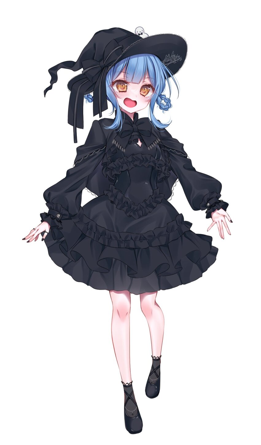 1girl :d \||/ alternate_costume bird_hat_ornament black_dress black_hat black_nails black_ribbon black_shoes black_socks blue_hair blunt_bangs braid braided_hair_rings commentary dress frilled_dress frills full_body hair_rings hat hat_ribbon highres jewelry looking_at_viewer magical_girl mahou_shoujo_no_majo_saiban official_artist_extra open_mouth orange_eyes puffy_sleeves ribbon ring shoes short_hair sidelocks simple_background smile socks solo tachibana_sherry tokito_setsuna white_background witch_hat