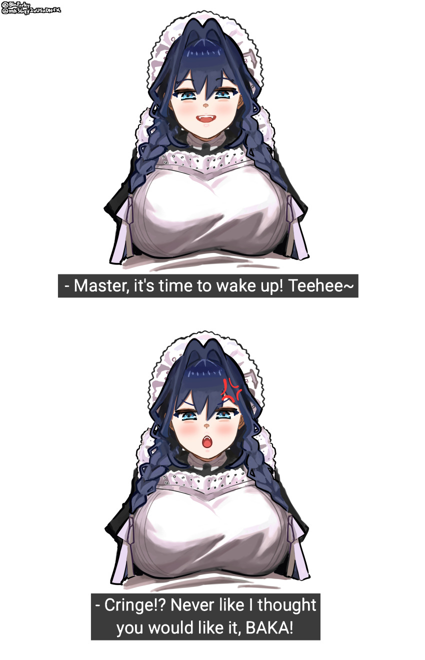 1girl absurdres anger_vein apron black_hair blaparky blue_eyes braid commentary english_commentary english_text hair_intakes hat highres hololive hololive_english maid maid_apron mob_cap official_alternate_costume official_alternate_hairstyle open_mouth ouro_kronii ouro_kronii_(maid) simple_background subtitled twin_braids virtual_youtuber white_apron white_background