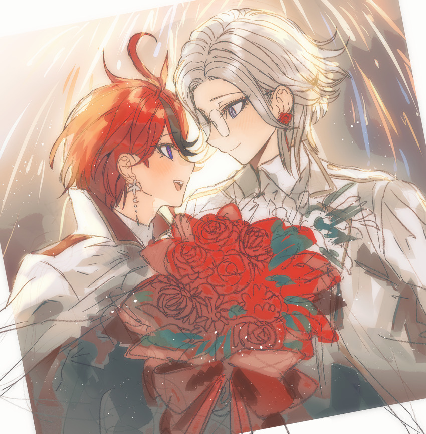 2boys ahoge aotsuki_eito black_hair blue_eyes blush bouquet bow chinese_commentary closed_mouth collared_shirt commentary_request earrings eyelashes fireworks flower flower_earrings glasses gold_trim highres jacket jewelry lapels long_sleeves male_focus multicolored_hair multiple_boys nose_pads notched_lapels official_alternate_costume open_mouth red_bow red_flower red_hair red_rose rose shirt short_hair smile streaked_hair sumino_takumi syuu_1125 teeth the_hundred_line_-last_defense_academy- two-tone_hair upper_teeth_only white_jacket white_shirt yaoi