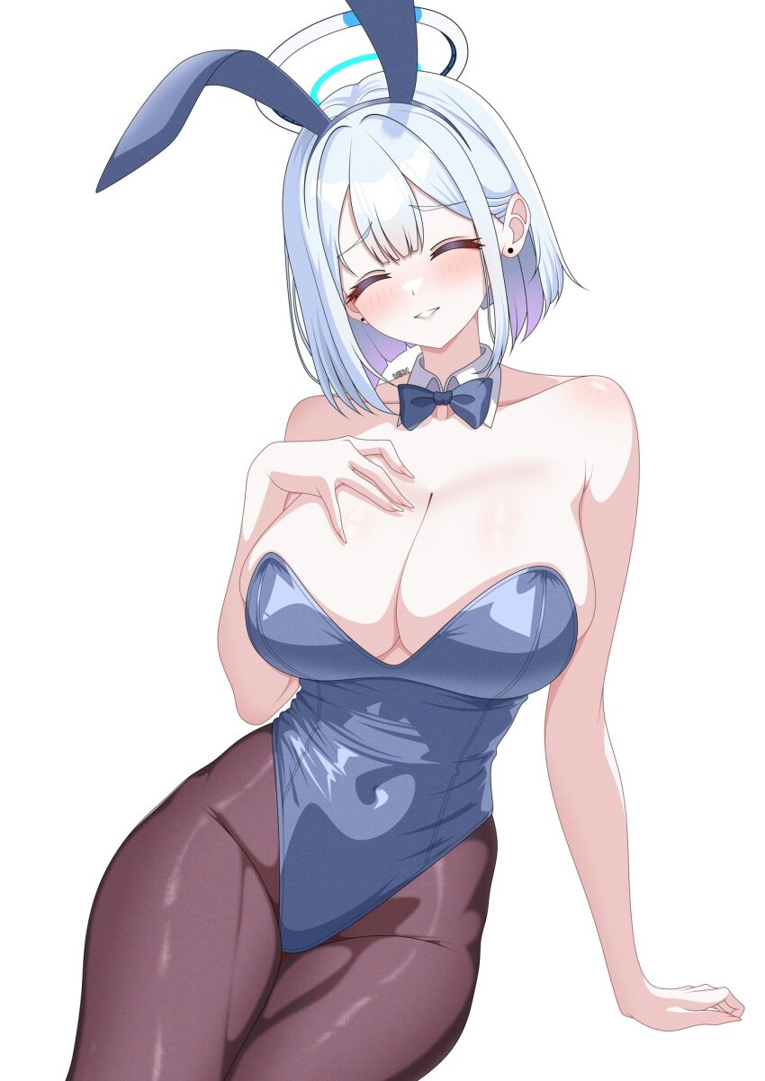 1girl alternate_hairstyle animal_ears bare_shoulders blue_archive blush breasts cleavage closed_eyes commentary_request halo hazaky highres large_breasts mechanical_halo noa_(blue_archive) playboy_bunny rabbit_ears short_hair solo white_hair white_halo