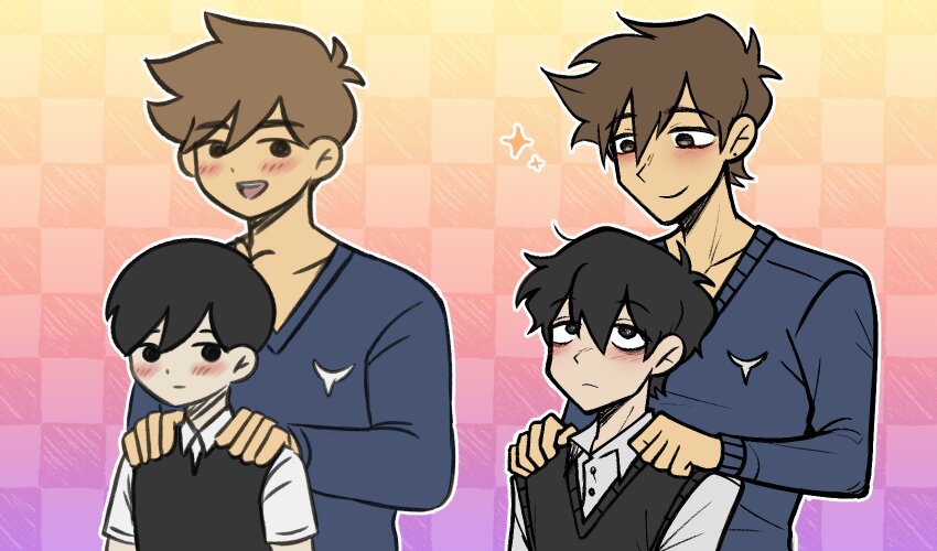 2boys antenna_hair black_eyes black_hair black_sweater_vest blue_sweater blush brown_hair checkered_background closed_mouth collarbone collared_shirt commentary dark-skinned_male dark_skin double-parted_bangs english_commentary hair_between_eyes hands_on_another's_shoulders hero_(faraway)_(omori) hero_(omori) highres long_sleeves looking_at_another looking_at_viewer multiple_boys omori open_mouth setosexual shirt short_hair short_sleeves sunny_(omori) sweater sweater_vest teeth upper_teeth_only white_shirt