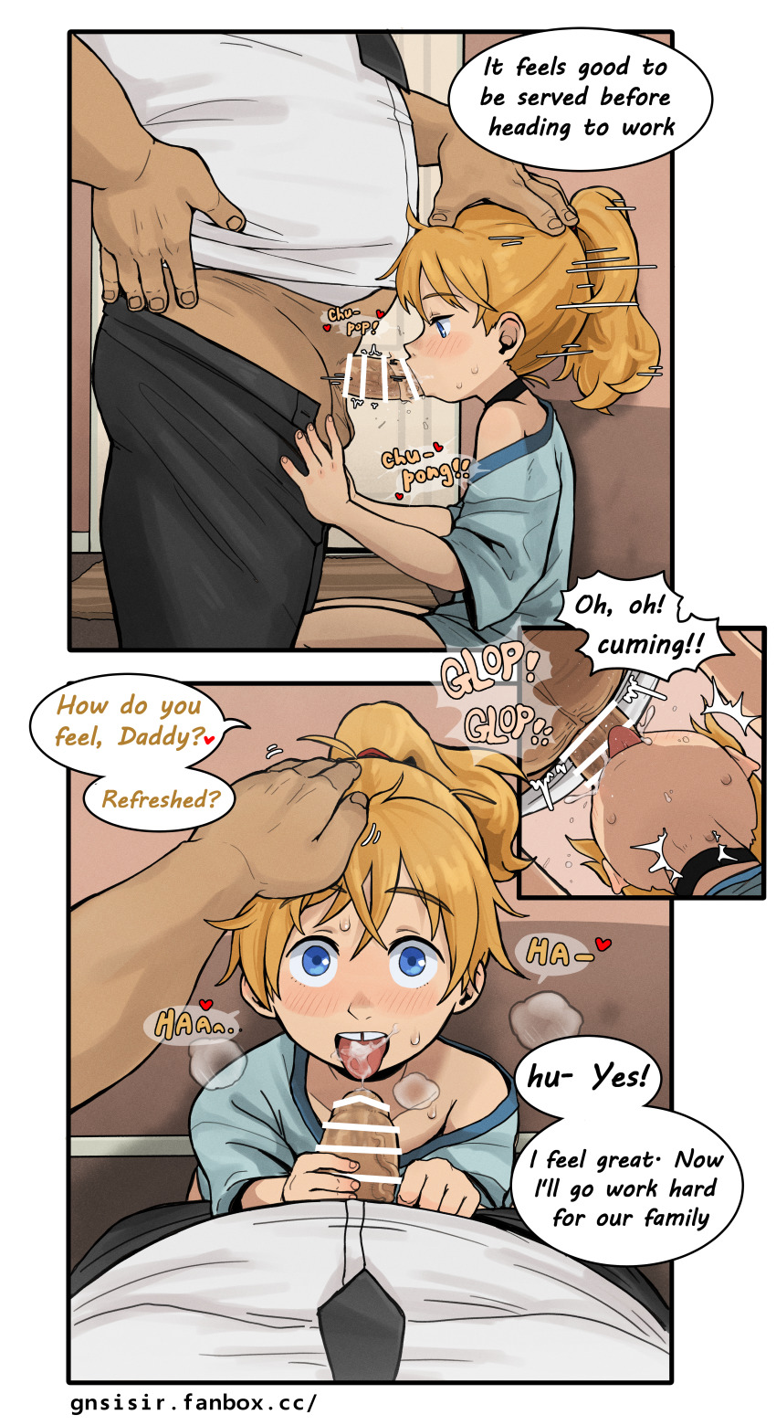 1boy 1girl absurdres after_fellatio aftersex age_difference blonde_hair censored choker cum cum_in_mouth cum_on_tongue cum_overflow disney english_text erection fellatio from_side gnsisir hand_on_another's_head heart hetero highres huge_filesize incest inside_out inside_out_2 loli motion_lines multiple_views open_mouth oral penis pixar ponytail pov pov_crotch pov_hands profile riley_andersen sequential speech_bubble teeth tooth_gap