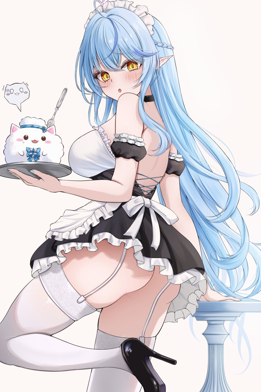 1girl 7nopi absurdres ahoge alternate_costume apron arm_support ass_peek back_bow backless_dress backless_outfit bare_shoulders black_choker black_dress black_shoes blue_hair blush bow braid breasts choker commentary_request cross-laced_clothes cross-laced_dress detached_sleeves dress elf enmaided fork frilled_apron frilled_dress frilled_sleeves frills from_behind garter_straps hair_between_eyes half_up_braid heart heart_ahoge high_heels highres holding holding_tray hololive large_breasts layered_skirt leg_up long_hair looking_at_viewer looking_back maid maid_apron maid_headdress median_furrow miniskirt parted_lips pointy_ears puffy_detached_sleeves puffy_sleeves shoes simple_background skirt solo thigh_peek thighhighs tray virtual_youtuber waist_apron white_apron white_background white_thighhighs yellow_eyes yukihana_lamy yukimin_(yukihana_lamy)
