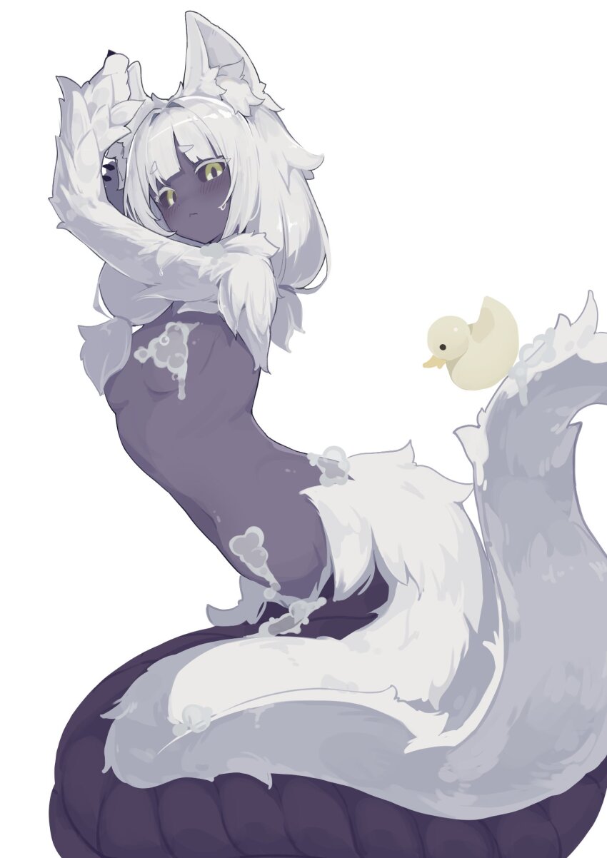 1girl :&lt; animal_ear_fluff animal_ears animal_hands bell_orgel black_sclera black_skin blunt_bangs blush breasts bunyip_(monster_girl_encyclopedia) claws colored_sclera colored_skin commentary fluffy green_eyes highres lamia looking_at_viewer monster_girl monster_girl_encyclopedia nipples rubber_duck simple_background small_breasts soap_bubbles solo white_background white_fur white_hair