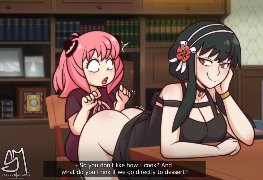 2girls age_difference anya_(spy_x_family) ass black_hair breasts chair cleavage clothes_lift dress dress_lift english_text green_eyes highres incest inseki large_breasts leaning_forward loli long_hair mature_female medium_breasts medium_hair mother_and_daughter multiple_girls onee-loli open_mouth pink_hair red_eyes semi_draws sitting smile split_mouth spy_x_family surprised table yor_briar yuri