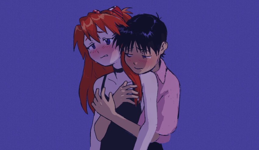1boy 1girl black_dress black_hair black_pants blue_eyes blush collar collarbone collared_shirt crossed_arms crying dokudrinker dress grope_from_behind groping hug ikari_shinji interface_headset_(evangelion) neon_genesis_evangelion pale_skin pants pink_shirt red_hair shirt source_request souryuu_asuka_langley