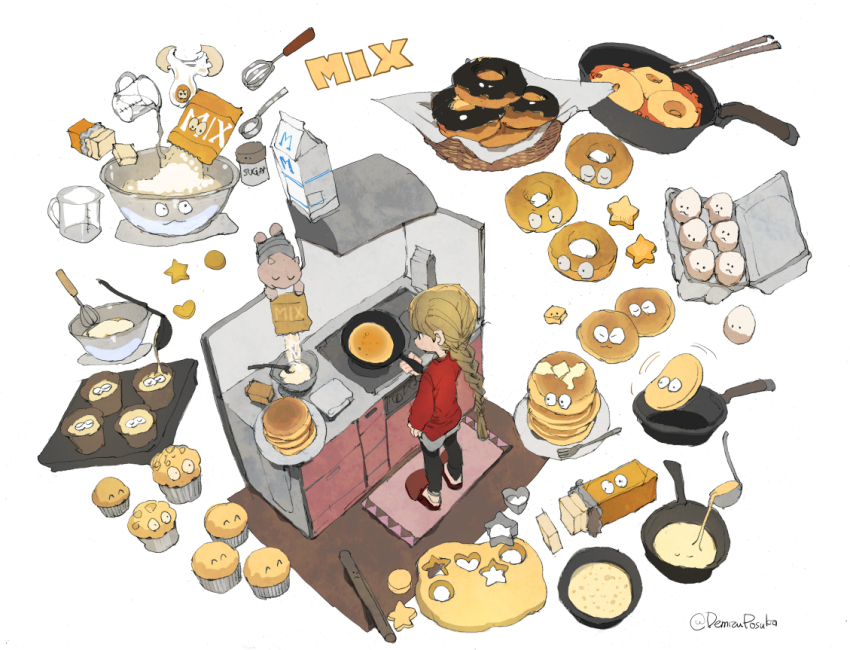 1girl braid braided_ponytail butter commentary_request cooking cracked_egg demizu_posuka donut egg food horns long_hair muffin original pancake twitter_username