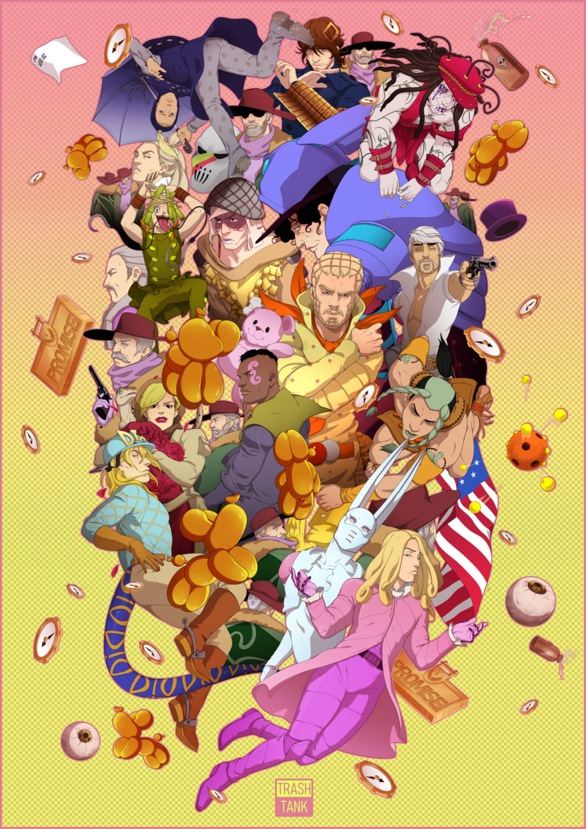 1other 20th_century_boy_(stand) 6+boys absurdres american_flag axl_ro blackmore blonde_hair blue_helmet blue_sweater bottle brown_pants catch_the_rainbow chocolate_disco clock coat diego_brando dinosaur_tail dirty_deeds_done_dirt_cheap disco_(sbr) doctor_ferdinand eleven_men_(sbr) funny_valentine gloves green_helmet gun handgun hat helmet highres holding holding_gun holding_umbrella holding_weapon jojo_no_kimyou_na_bouken long_hair magenta_magenta mike_o. multiple_boys oyecomova pants pink_coat pink_pants pork_pie_hat_kid red_hat revolver ringo_roadagain sandman scary_monsters_(stand) shirt short_hair stand_(jojo) steel_ball_run sweater tail the_world_(stand) trashtank tubular_bells_(stand) umbrella weapon wekapipo yellow_shirt