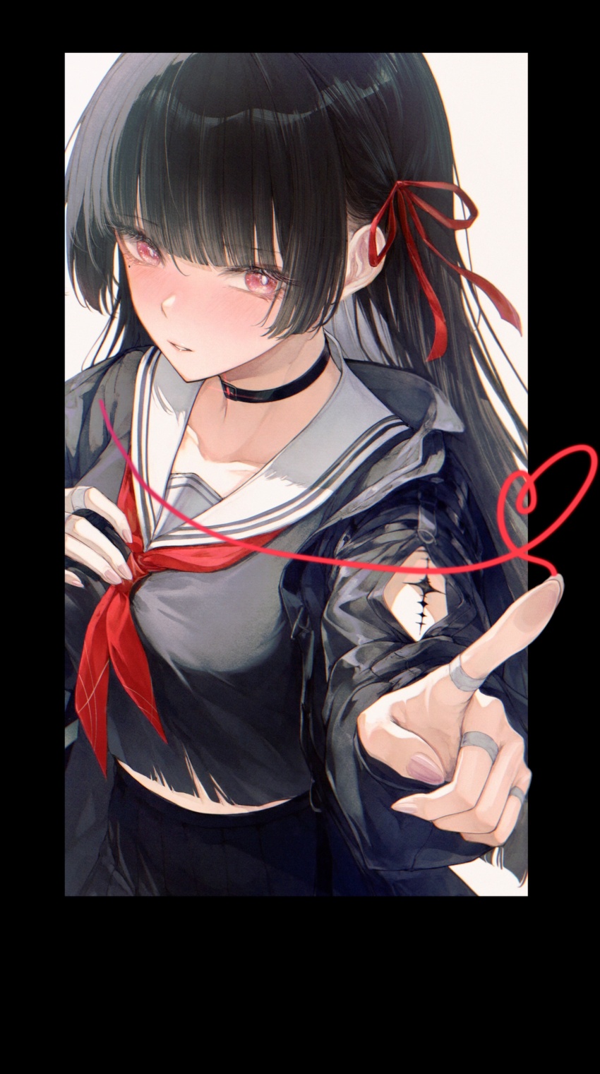 1girl absurdres arm_cutout black_border black_choker black_hair black_jacket black_serafuku black_shirt black_skirt blunt_bangs blush border breasts chisa_(wuthering_waves) choker clothing_cutout collarbone commentary cowboy_shot fingernails hair_ribbon highres jacket long_hair long_sleeves looking_at_viewer medium_breasts mole mole_under_eye nail_polish neckerchief outside_border parted_lips pink_nails red_eyes red_neckerchief red_ribbon renoahh ribbon sailor_collar school_uniform serafuku shirt simple_background skirt solo string string_of_fate tacet_mark_(wuthering_waves) white_background white_sailor_collar wuthering_waves