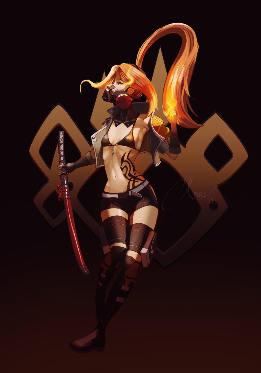 1girl anri_(anriplu) belt bikini black_bikini boots breasts brown_eyes brown_gloves code_vein cropped_jacket fingerless_gloves fire floating_hair gloves gradient_background green_jacket highres holding holding_sword holding_weapon jacket katana long_hair looking_at_viewer mask murasame_rin_(code_vein) navel_piercing open_clothes open_jacket orange_hair piercing ponytail pyrokinesis respirator short_shorts shorts sidelocks signature small_breasts solo stomach_tattoo swimsuit sword tattoo thigh_boots weapon white_belt