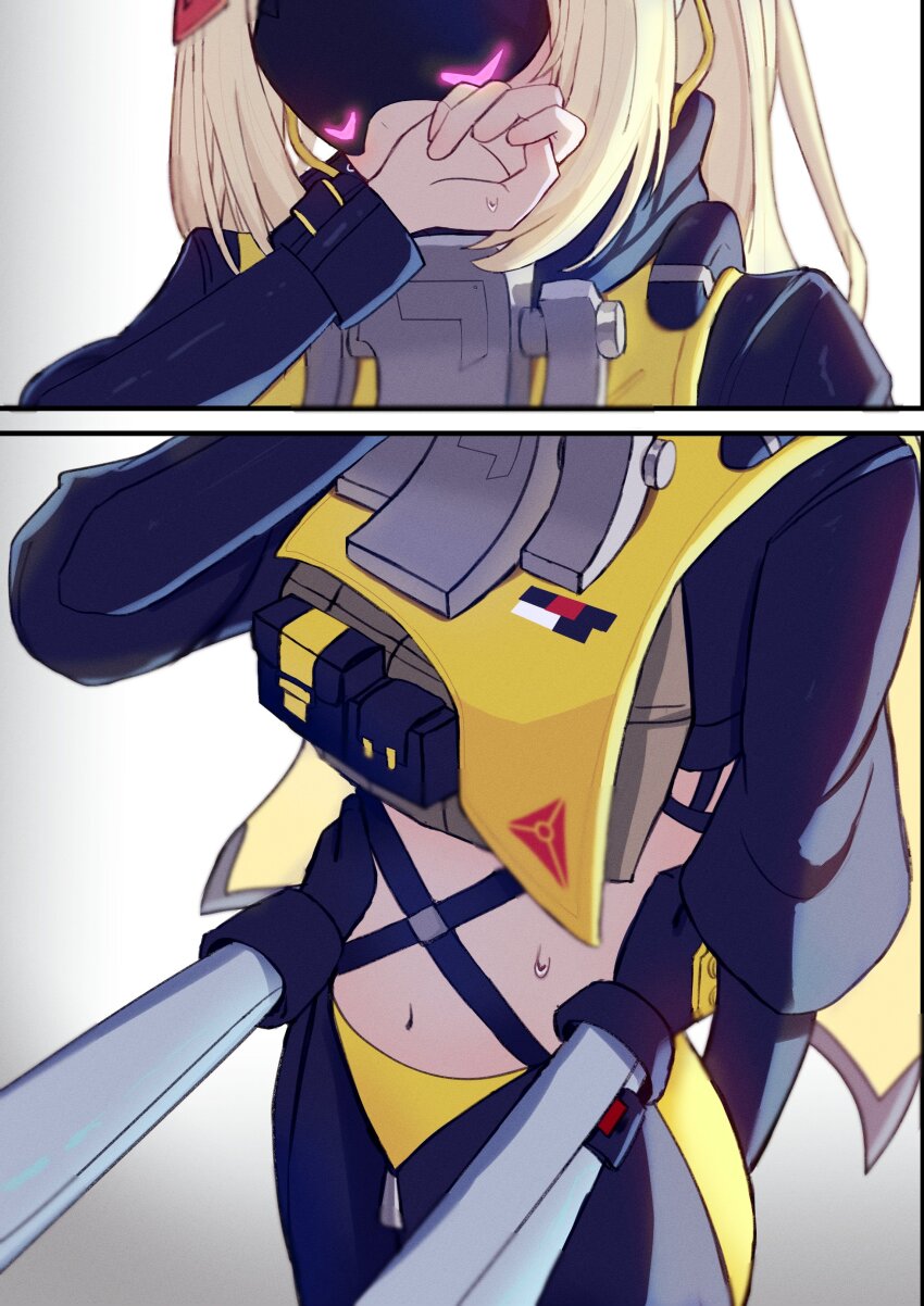 2girls absurdres black_gloves blindfold blindfold_mask blonde_hair blush cowboy_shot es030103010301 gloves grey_background hand_on_another's_hip hashtag-only_commentary highres long_hair mask multiple_girls navel out_of_frame parted_bangs soldier_11_(zenless_zone_zero) solo_focus standing thighs trigger_(zenless_zone_zero) yuri zenless_zone_zero