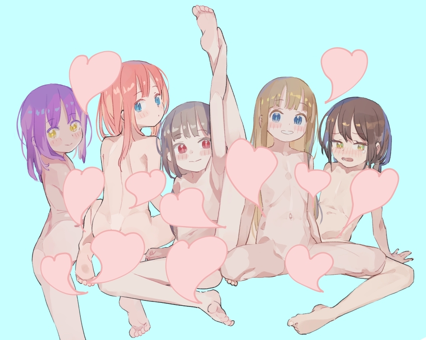 5girls aqua_background biyobiyo blonde_hair blue_eyes blunt_bangs blush brown_hair censored closed_mouth commentary_request completely_nude feet flat_chest flexible full_body heart heart_censor highres holding_own_leg leg_hold leg_up loli long_hair looking_at_viewer looking_back medium_hair multiple_girls navel nude original paid_reward_available purple_hair red_eyes red_hair short_hair sitting spread_legs very_long_hair yellow_eyes