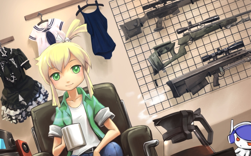 1girl anti-materiel_rifle barrett_firearms_manufacturing barrett_xm500 black_dress blonde_hair bolt-action_rifle bullpup chair clothes_hanger coffee coffee_pot cup dress dutch_angle female_focus gol_sniper_magnum green_eyes gun h&amp;k_psg1 hair_ribbon heckler_&amp;_koch highres indoors iris_(material_sniper) ironlily looking_at_viewer material_sniper mug one-piece_swimsuit pokky ribbon rifle school_uniform scope serafuku short_hair sitting sleeves_rolled_up smile sniper_rifle solo speaker steam swimsuit topknot weapon weapon_rack