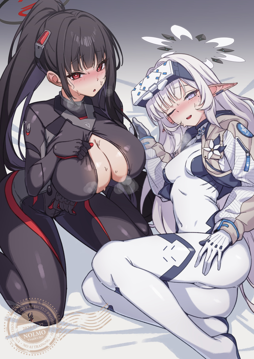 2girls ;d black_bodysuit black_hair blue_archive blush bodysuit breasts commentary_request halo highres himari_(armed)_(blue_archive) himari_(blue_archive) large_breasts long_hair long_sleeves looking_at_viewer lying mole mole_under_eye multiple_girls nolmo official_alternate_costume on_side one_eye_closed open_mouth parted_lips pointy_ears ponytail purple_eyes red_eyes rio_(armed)_(blue_archive) rio_(blue_archive) small_breasts smile thighs white_bodysuit white_hair