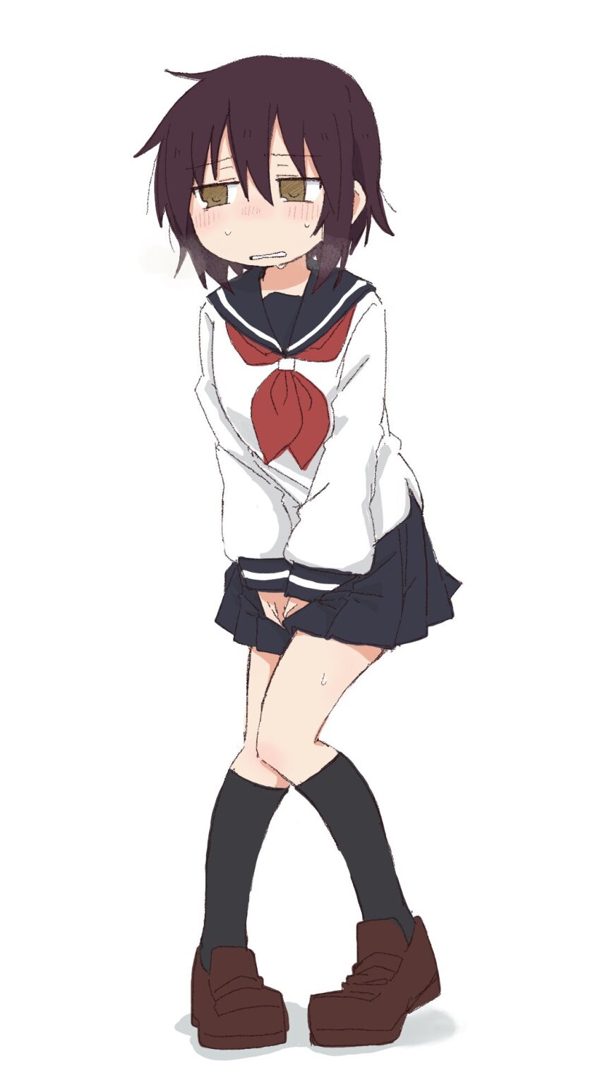 1girl between_legs black_socks blue_sailor_collar blue_skirt blush breath brown_eyes brown_hair brown_shoes clenched_teeth embarrassed female_focus flat_chest full_body half-closed_eyes halo hand_between_legs have_to_pee heel_up kneehighs knees_together_feet_apart kude_rei_(ponnu_(tnpn2yw)) large_variant_set long_sleeves looking_to_the_side miniskirt neckerchief nervous nose_blush original own_hands_together pigeon-toed pleated_skirt ponnu_(tnpn2yw) red_neckerchief sailor_collar school_uniform serafuku shirt shoes short_hair sidelocks sideways_glance simple_background skirt socks solo standing sweat teeth v_arms variant_set white_background white_shirt