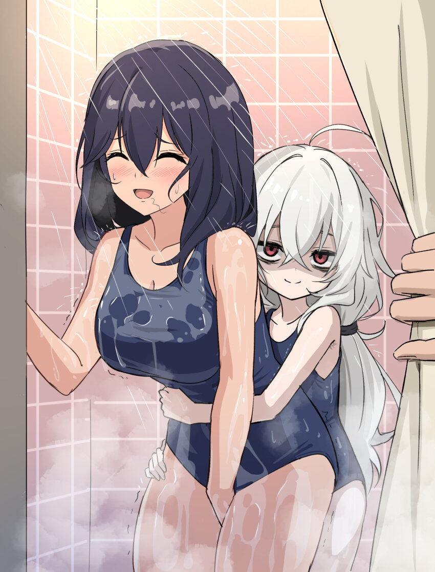 1other 2girls ahoge bathroom between_legs black_hair blue_one-piece_swimsuit blush breasts closed_eyes covering_crotch covering_privates curtain_grab curtains eha7y hand_between_legs highres hug hug_from_behind long_hair looking_at_viewer multiple_girls naughty_face one-piece_swimsuit one_eye_closed open_mouth original ponytail pov protected_link red_eyes school_swimsuit shaded_face shower_curtain showering smile swimsuit tile_wall tiles trembling wasabi-chan_(eha7y) wet wet_clothes wet_swimsuit white_hair