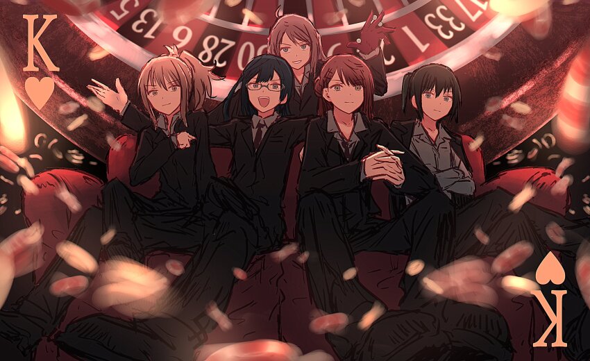 5girls :d ahoge black_hair black_jacket black_pants black_shoes black_suit blue_eyes brown_hair closed_mouth collared_shirt commentary couch crossed_legs dress_shirt formal_clothes glasses gloves grey_eyes grey_shirt grin hair_bun highres interlocked_fingers jacket jacket_on_shoulders legs_apart long_hair long_sleeves looking_at_viewer love_live! love_live!_nijigasaki_high_school_idol_club miyashita_ai multiple_girls necktie on_couch one_side_up open_mouth outstretched_arms own_hands_together pant_suit pants pink_hair ponytail red_gloves red_necktie roulette_table shirt shoes single_side_bun sitting smile spread_arms suit suit_jacket table takasaki_yu uehara_ayumu yuki_setsuna yukitake_(bullfalk) zhong_lanzhu