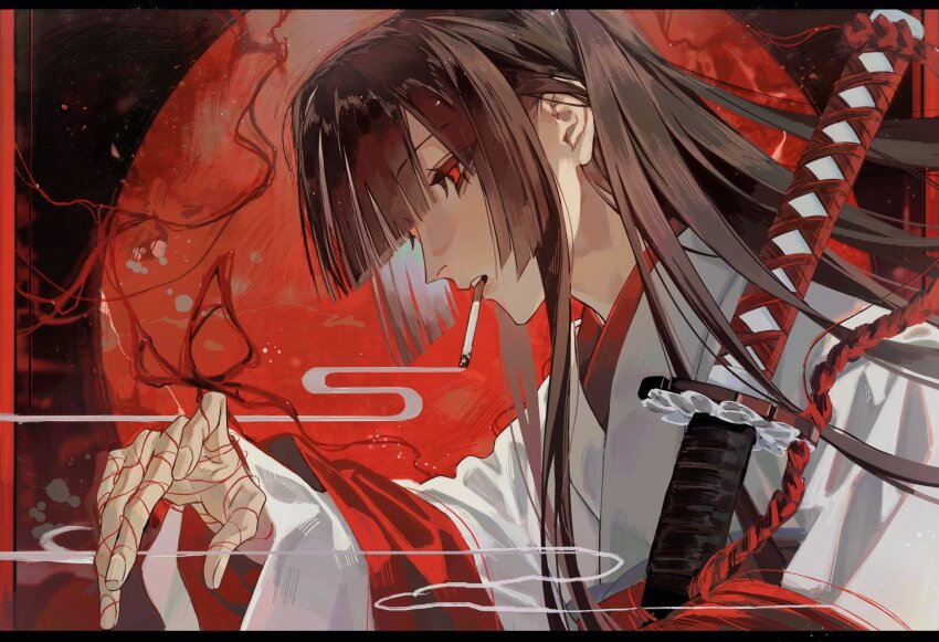 1girl black_hair blunt_bangs blunt_ends cigarette hashtag-only_commentary highres japanese_clothes kimono limbus_company long_hair project_moon red_background red_eyes ryoshu_(project_moon) smoke smoking solo string sword weapon white_kimono zuosha