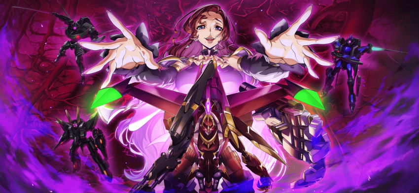 1girl ascot black_shirt blue_eyes breasts carly_disel cleavage code_geass code_geass:_lost_stories collarbone earrings f4samurai forehead hair_ornament hairclip hand_on_own_face hand_up happy highres jewelry large_breasts licking_lips long_hair long_sleeves looking_at_viewer mole mole_under_mouth official_art open_mouth raised_eyebrow red_hair shirt sidelocks smile solo straight-on tongue tongue_out upper_body yellow_ascot