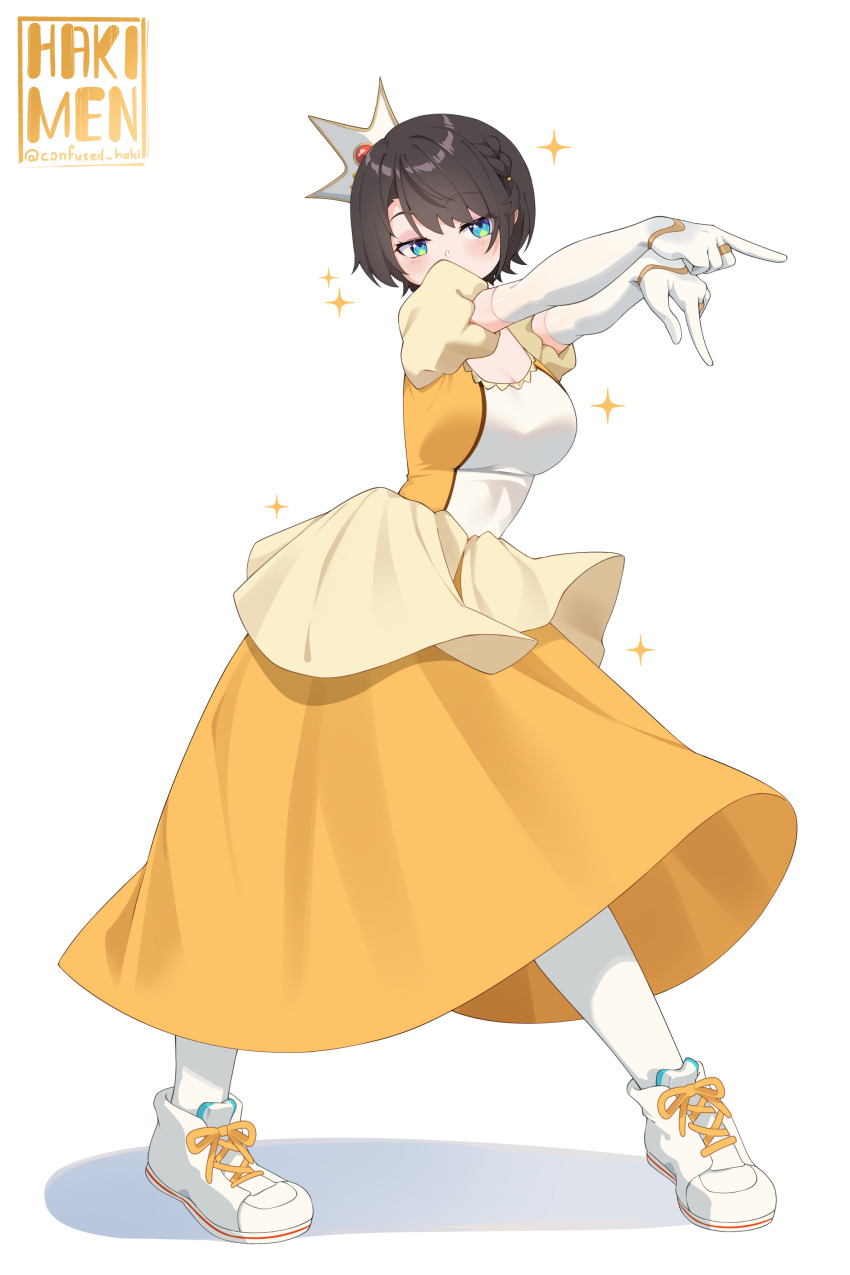 1girl absurdres alternate_hairstyle aqua_eyes artist_logo bibbidiba_(hololive) black_hair braid breasts cleavage commentary dancing dress elbow_gloves full_body gloves hakimen highres hololive jewelry large_breasts logo long_dress oozora_subaru outstretched_arms outstretched_crossed_arms puffy_short_sleeves puffy_sleeves ring shoes short_hair short_sleeves side_braid signature simple_background single_braid sneakers solo star_(symbol) swept_bangs tiara tilted_headwear twitter_username virtual_youtuber white_background white_gloves white_shoes yellow_dress