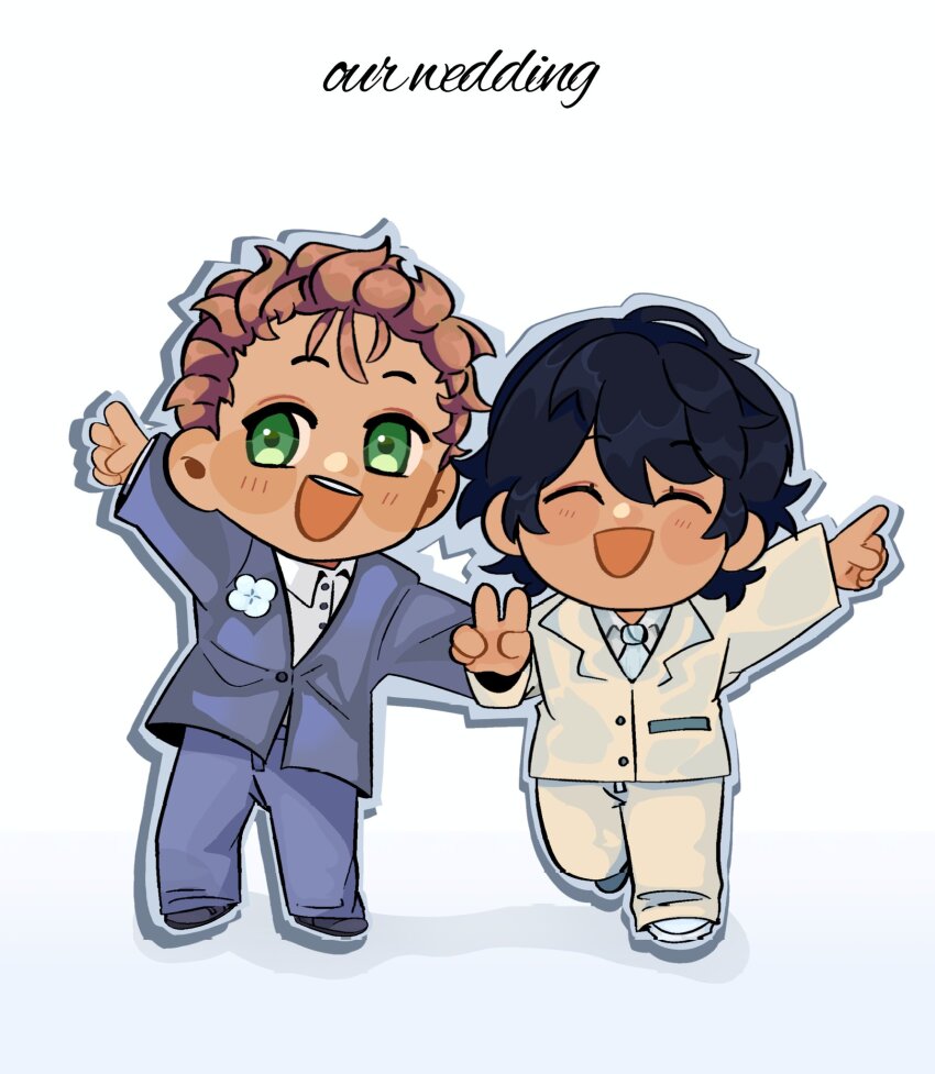 2boys :d artist_self-insert black_hair blue_suit brown_hair chibi chibi_only closed_eyes collared_shirt curly_hair derek_suarez dolpxler double-parted_bangs flower flower_pin formal_clothes full_body green_eyes hair_between_eyes hand_on_another's_arm highres looking_at_viewer main_character_(our_life) multiple_boys open_mouth our_life our_life:_beginnings_and_always pointing poppy_(flower) shirt short_hair smile standing standing_on_one_leg suit v wedding white_shirt white_suit