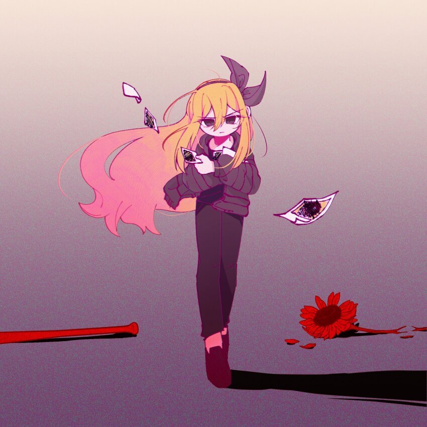 1girl alternate_costume alternate_hair_color aubrey_(faraway)_(omori) aubrey_(omori) bad_id bad_twitter_id baseball_bat black_eyes black_hairband black_pants black_shoes blonde_hair child closed_mouth double-parted_bangs flower full_body gradient_hair hair_between_eyes hairband highres holding holding_photo long_hair long_sidelocks long_sleeves looking_at_viewer morivivi3 multicolored_hair omori pants photo_(object) pink_hair shoes sidelocks solo sunflower third-party_source two-tone_hair